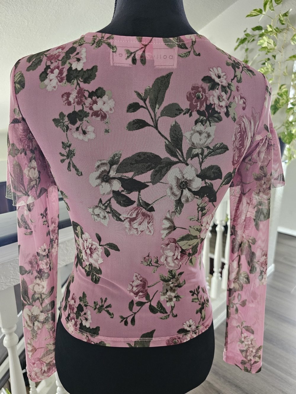 Polly & Esther Pink Floral Ruffle Mesh Long-Sleeve Top - Picture 4 of 7